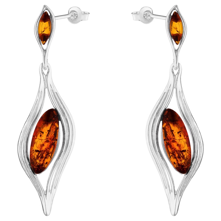 Cercei lungi suspendati din chihlimbar baltic, argint 925, cu suruburi Marquise