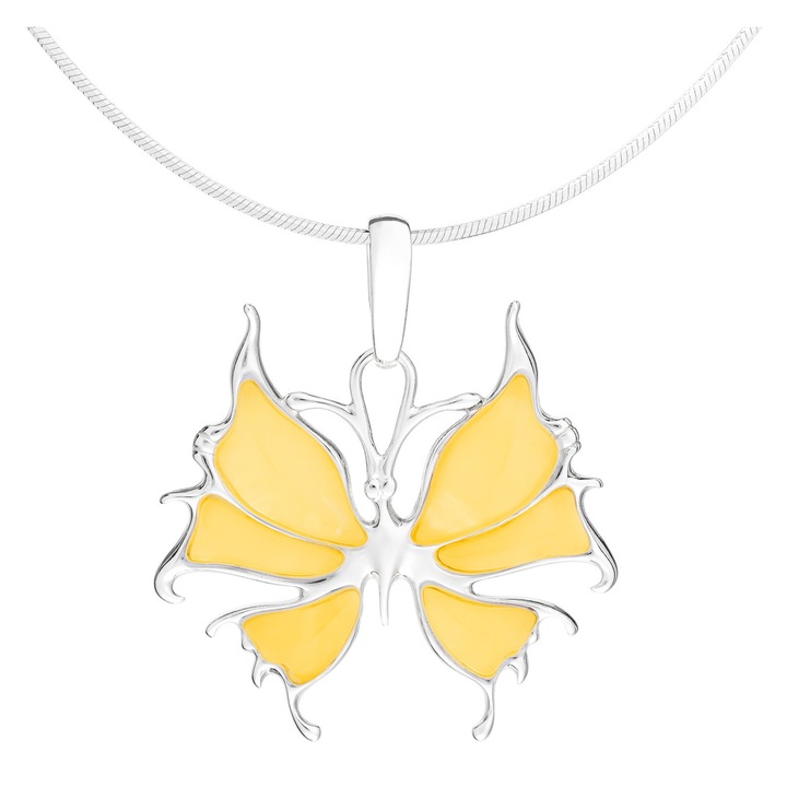 Colier cu fluture din argint si pandantiv de chihlimbar, lant cu fluture 65