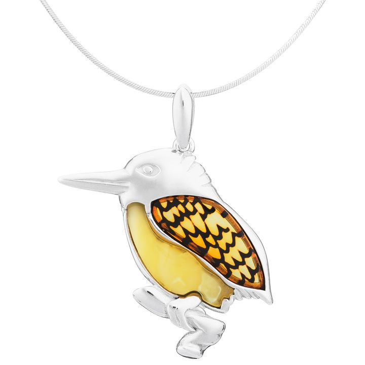 Colier cu pasare din argint si pandantiv de chihlimbar, Kingfisher 80 cm