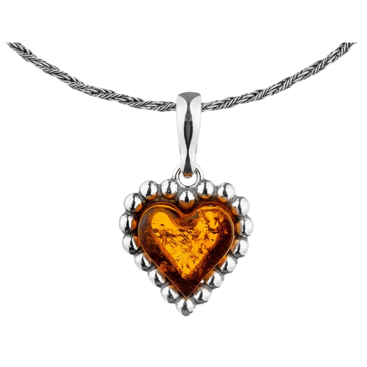 Colier cu pandantiv inima din argint si lant cu pandantiv chihlimbar 50 cm