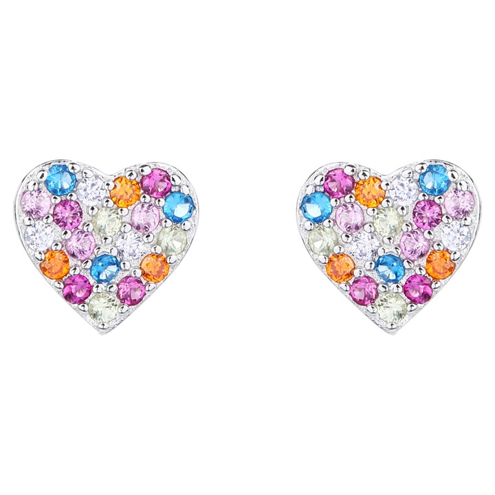 Cercei cu inima din argint, zirconii colorate, inima, bijuterii