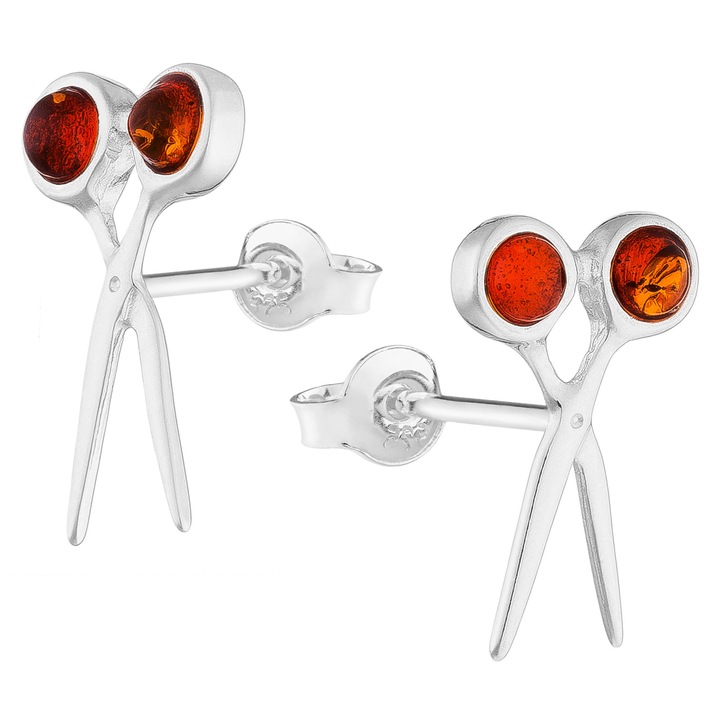 Cercei din argint tip foarfeca cu suruburi mici din chihlimbar, argint 925, 16 mm