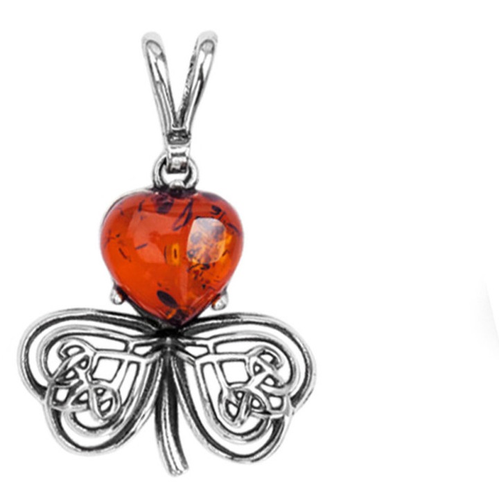 Pandantiv din argint oxidat cu trifoi si chihlimbar baltic din argint 925