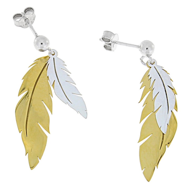 Cercei cu pene suspendate, pene din argint si auriu, suruburi placate cu aur 925