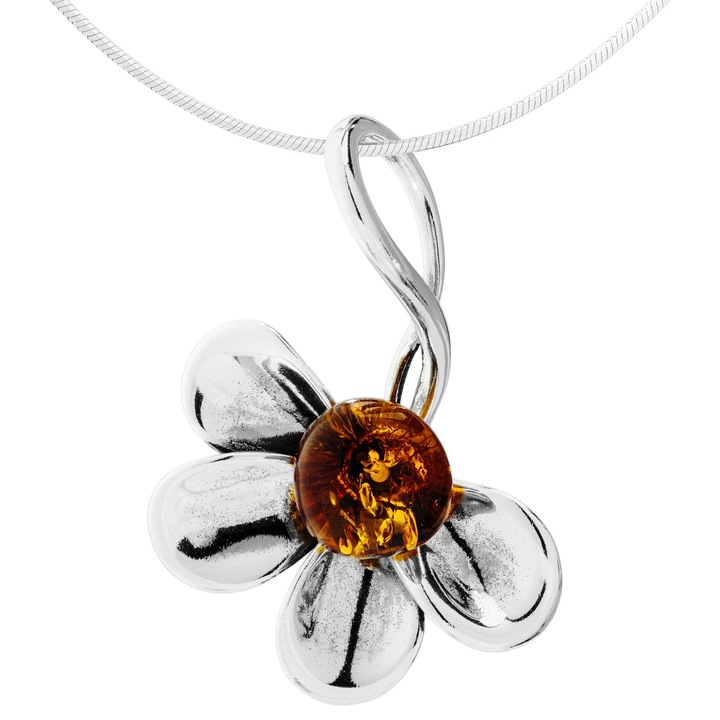 Colier din argint asimetric cu floare de chihlimbar 925, 32cm