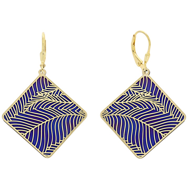 Cercei din argint, frunza albastra de titan, romb patrat, pe carlig, argint 925