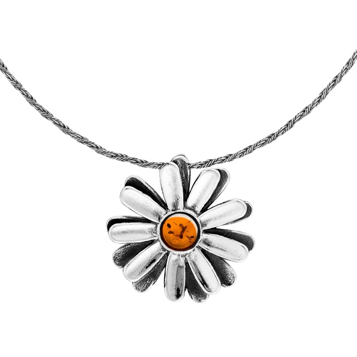 Colier lung din argint cu floare de margareta si chihlimbar, Siju, argint 925, 60cm, culoare bruna