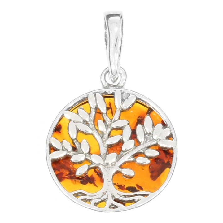 Medalion cu pandantiv din argint Arborele Vietii si pandantiv cu chihlimbar baltic 925