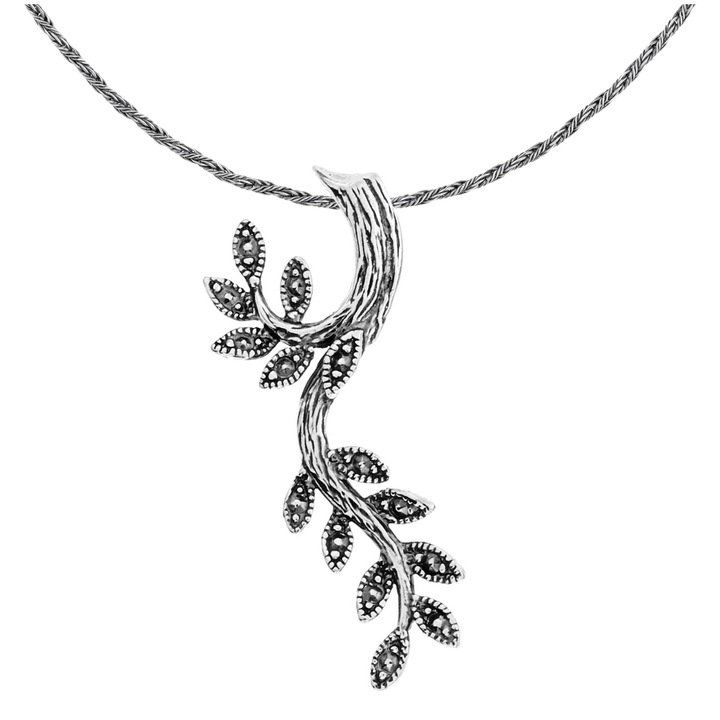 Colier frumos din argint, creanga cu frunze, elegant, oxidat, 45 cm