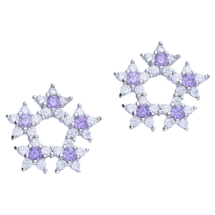 Cercei cu flori placati cu rodiu din argint si suruburi din zirconiu cubic, cercei rotunzi din argint