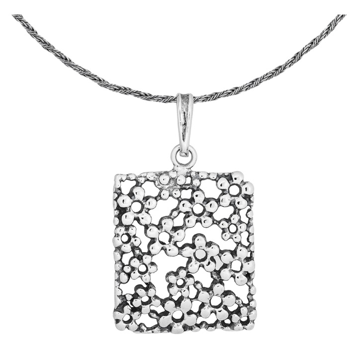 Colier dreptunghiular din argint cu flori, lant din argint oxidat, 90 cm