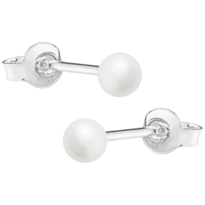 Cercei din argint cu perle albe, Siju, 4 mm