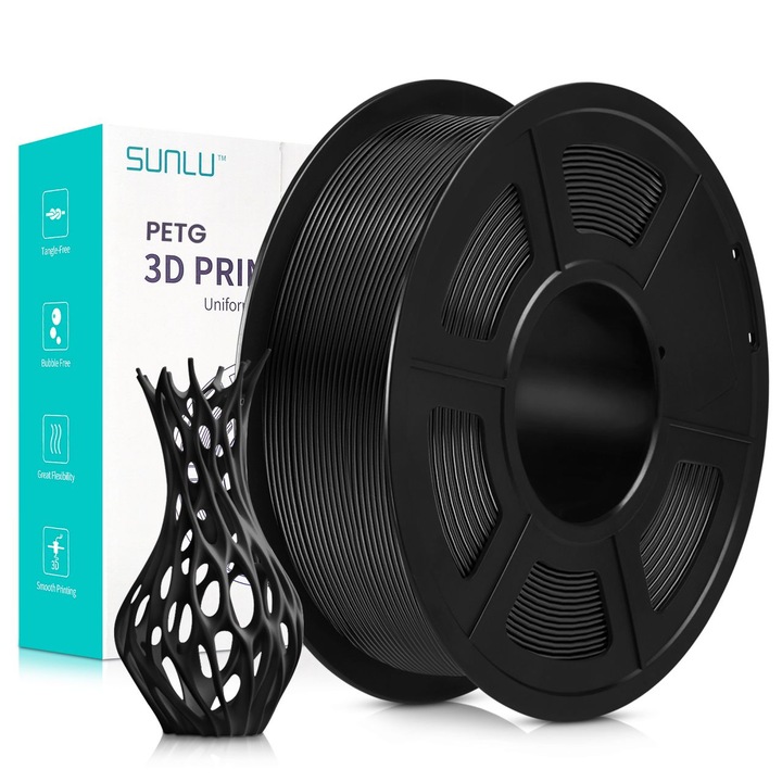 Rola filament 3D, Sunlu, Material PETG, Culoare Negru, 1kg, lungime 330 m, diametru 1.75mm, compatibil cu majoritatea imprimantelor 3D tehnologie FDM, ideal pentru imprimantele BambuLab