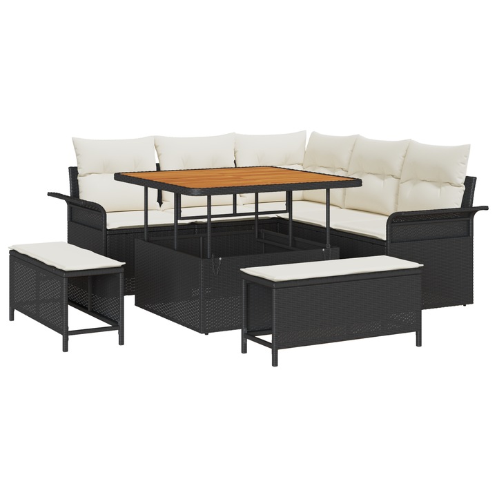Set de mobilier gradina, vidaXL, 8 piese, ratan sintetic, negru, cu perne