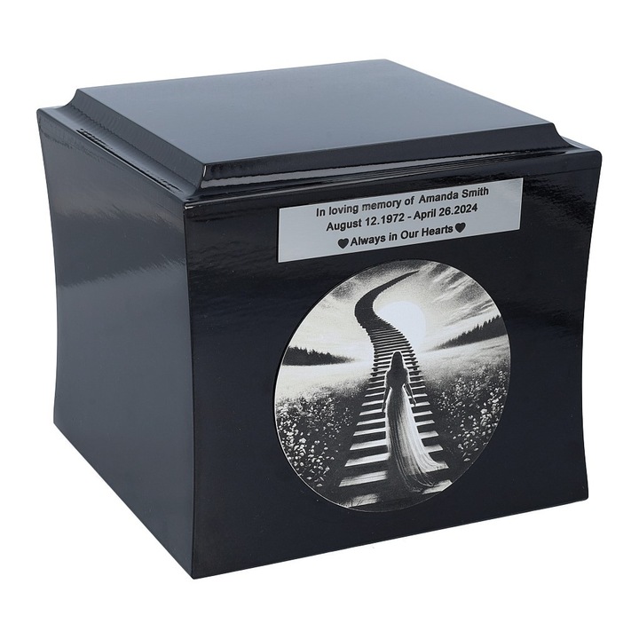 Urna crematorie pentru femei Remember Forever, Schody do Nieba, negru-alb, din lemn, personalizabila