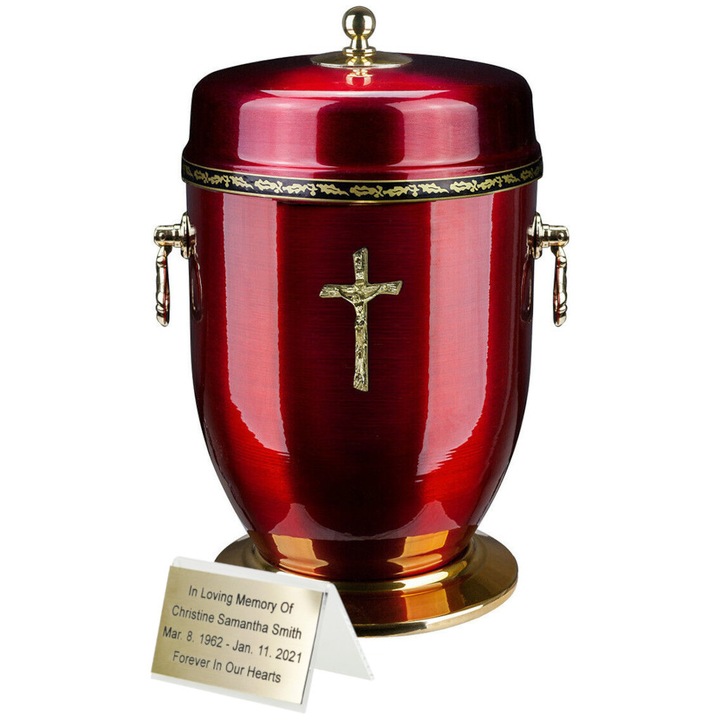Urna metalica rosie pentru crema cu emblema de trandafir aurit, 30x15cm