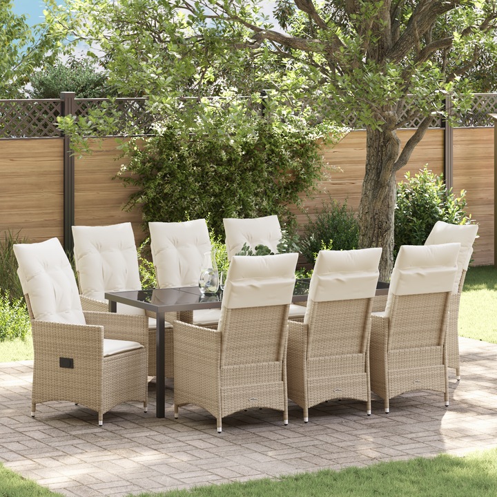 Set de 9 scaune de gradina reglabile cu perne, polirattan bej, vidaXL