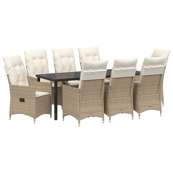 Set de 9 scaune de gradina reglabile cu perne, polirattan bej, vidaXL