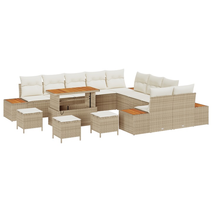 Set de mobilier gradina, vidaXL, 14 piese, ratan sintetic, bej, cu perne