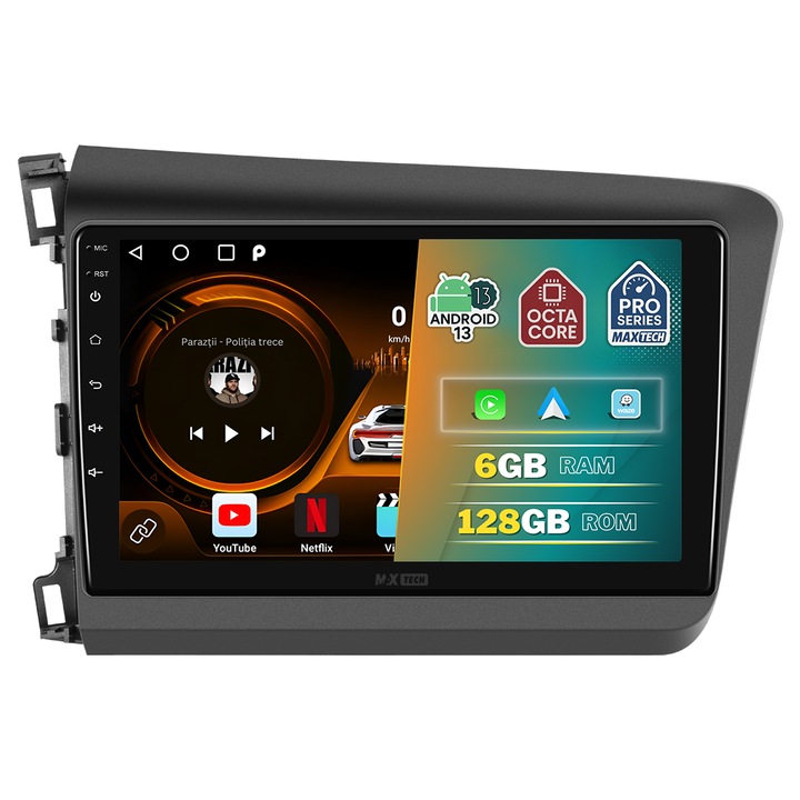 Navigatie Honda Civic Mk9 (2012-2016) dedicata, MaxTech® PRO SERIES, 6 GB Ram 128 GB Rom OctaCore, Carplay & Android auto, Ecran 9” HD Touch, GPS, Wifi, Bluetooth, Radio, USB, EQ, DSP