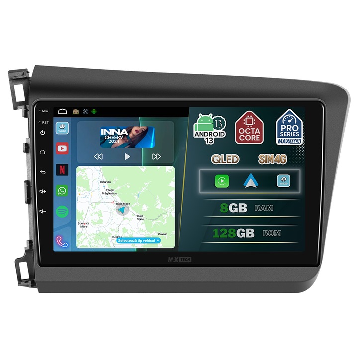 Navigatie Honda Civic Mk9 (2012-2016) dedicata, MaxTech® PRO SERIES, 8 GB Ram 128 GB Rom OctaCore, Carplay & Android auto, Ecran 9” HD Touch, SIM 4G, GPS, Wifi, Bluetooth, Radio