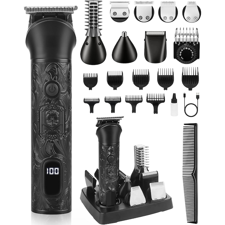 Masina de tuns BeGenius 7 in 1, Lame Inox, Corp Metal, Negru, Cu Acumulator 2000mAh, Trimmer Nas Inclus