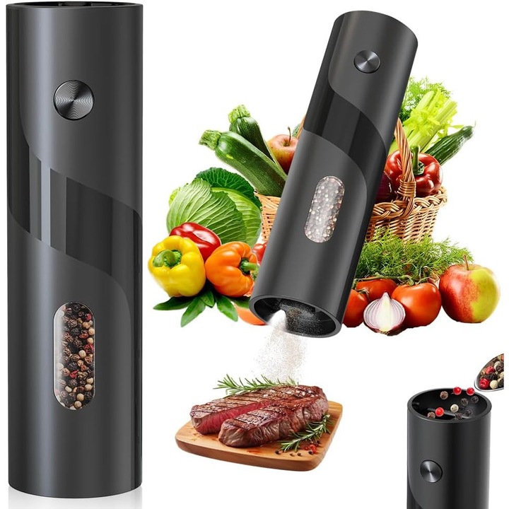 Rasnita electrica sare/piper, Miez ceramic, Indicator LED, Cu camere depozitare transparente, Control finetea macinarii, Negru
