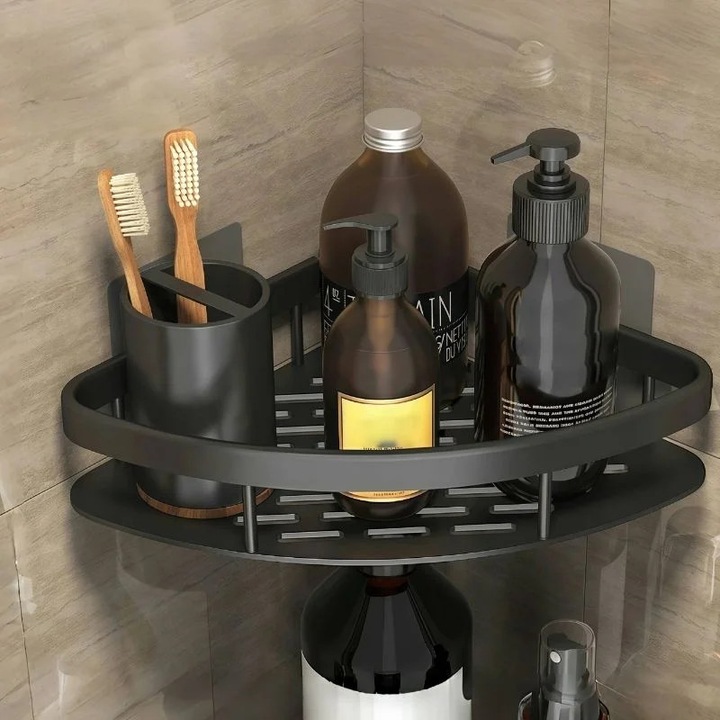 Органайзер за баня, антикорозивен алуминий, черен, 28x22 см, за стенен монтаж