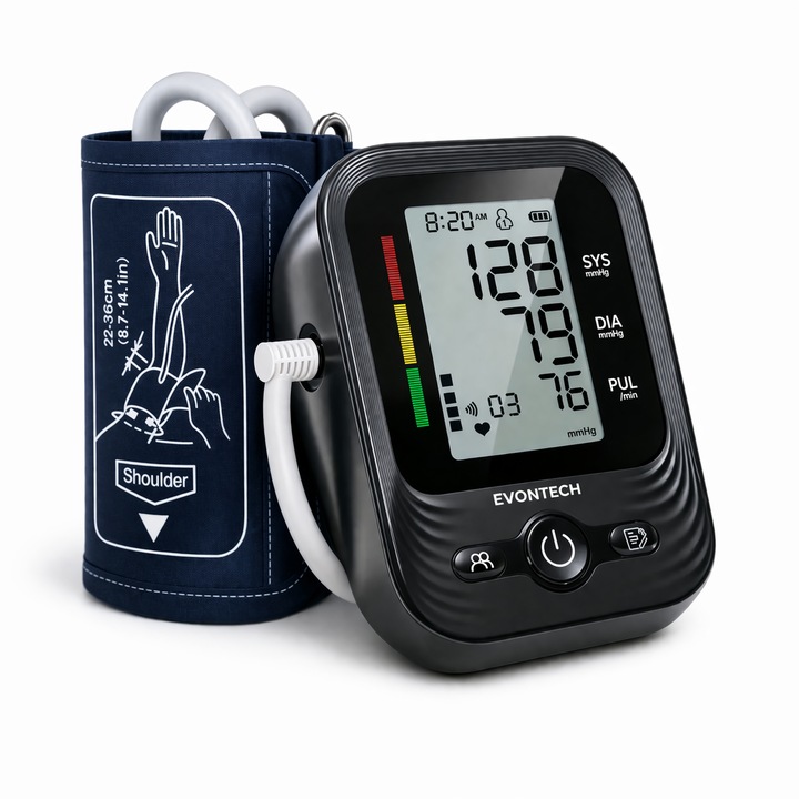 Tensiometru de brat EVONTECH®, 30V, Afisaj LCD, Detectie aritmie, Memorie 2 x 120 masuratori, Manseta 22-36 cm, Precizie ±3 mmHg, TAP to START, Negru