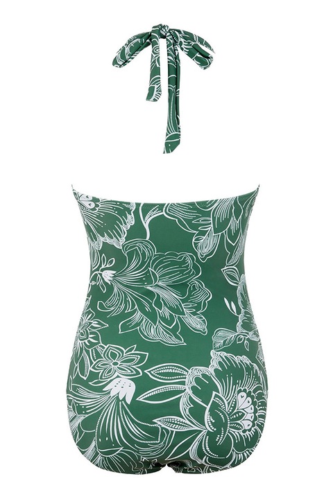 Costum de baie, o piesa, model clasic elegant, prindere dupa gat, decolteu adanc si spate gol, chilot decupaj clasic, tematica I love flowers, EFAYN, Verde