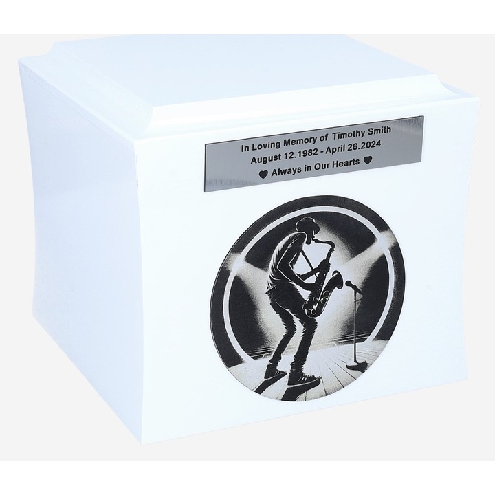 Urna pentru incinerare saxofonist cu cenusa muzicala, Remember Forever, Alb