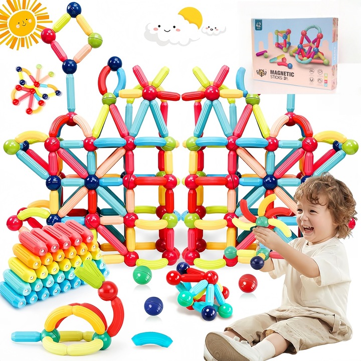 Комплект 3D играчки за конструиране с магнитни пръчици, Wacorresi, Детски конструктор с магнитни пръчици с 42 магнитни блока, 4+ години, Многобройни възможности за конструиране, STEM, Образователни и креативни, Силни магнити, Многоцветни