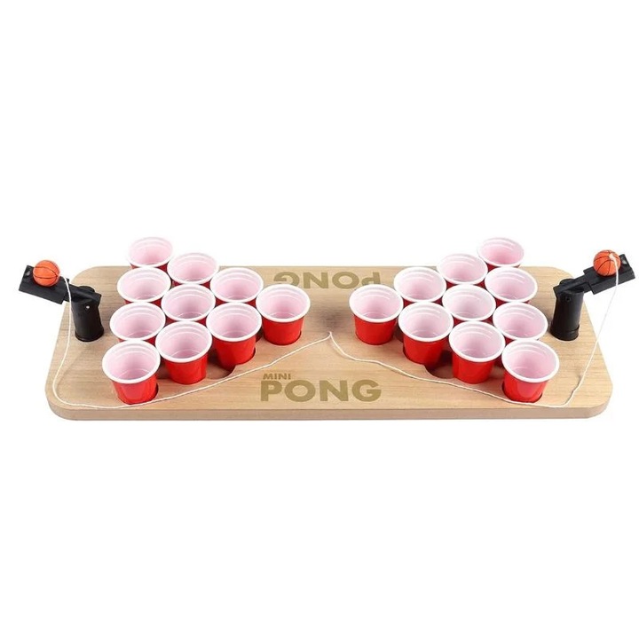 Комплект за игра Beer Pong, дърво, 58x20x6 см, естествено/червено/бяло