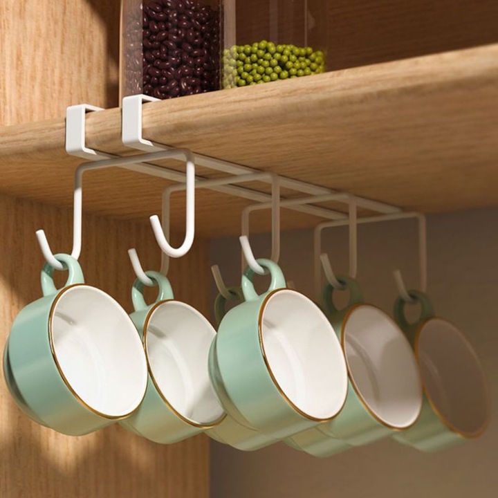 Висящ органайзер, кухня, издръжлив метал, черен, 28x8x9.5 см, 6 кукички