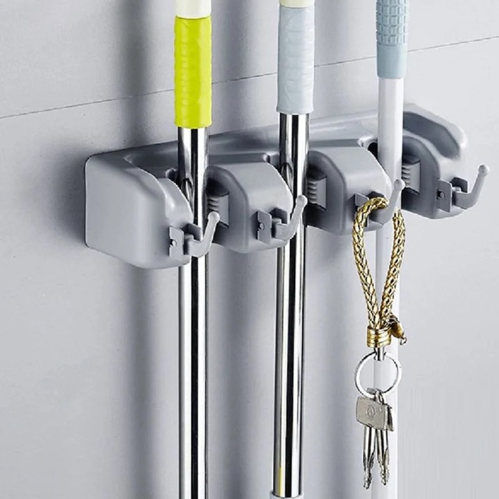 Държач за моп и метла, за стенен монтаж, PP материал, сив цвят, 33x6.5x7 см