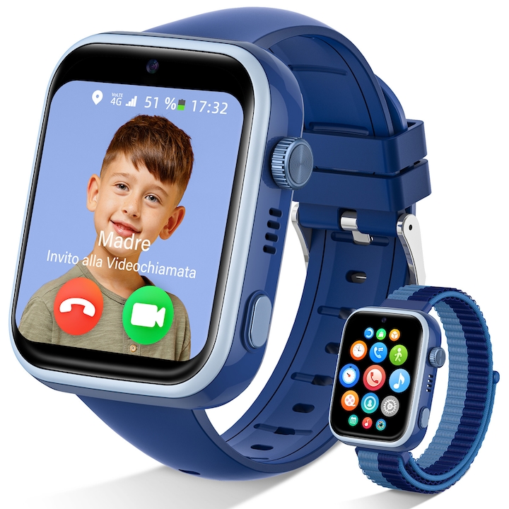 Ceas smartwatch copii 4G GPS FOSMET®, Ecran HD de 1, 83 inchi, WiFi, SOS, Apel video, Whatsapp, Bluetooth, Camera foto, Ceas cu alarma, Mod clasa, pedometru, ceas cu alarma, 2 bratari, Ceas inteligent Albastru