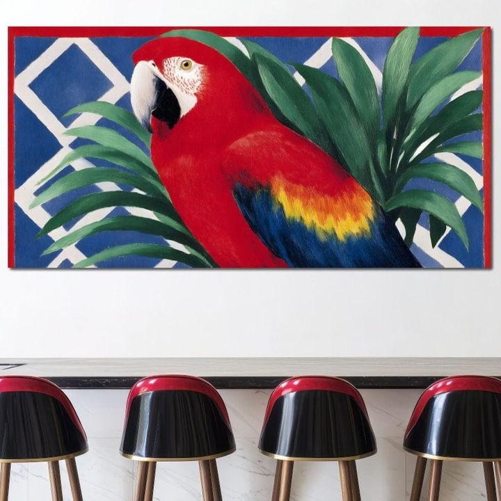 Tablou Canvas Premium, LuxCanva® M1108, Fereastra spre Jungla, 60 X 120 CM, Panza Bumbac 100% 400g/m2, Sasiu Lemn, Papagal, Jungla, Exotic, Pasare, Frunzis, Perete, Cadru, Rosu, Vegetatie, Expresiv, Birou, Living, Camera Copil