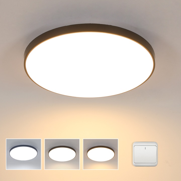 Кръгла таванна лампа с LED, Toollight, 24w, трицветна светлина 3000/4500/6500K, черна, водоустойчива IP44, за хол, кухня, спалня, коридор, 27 см