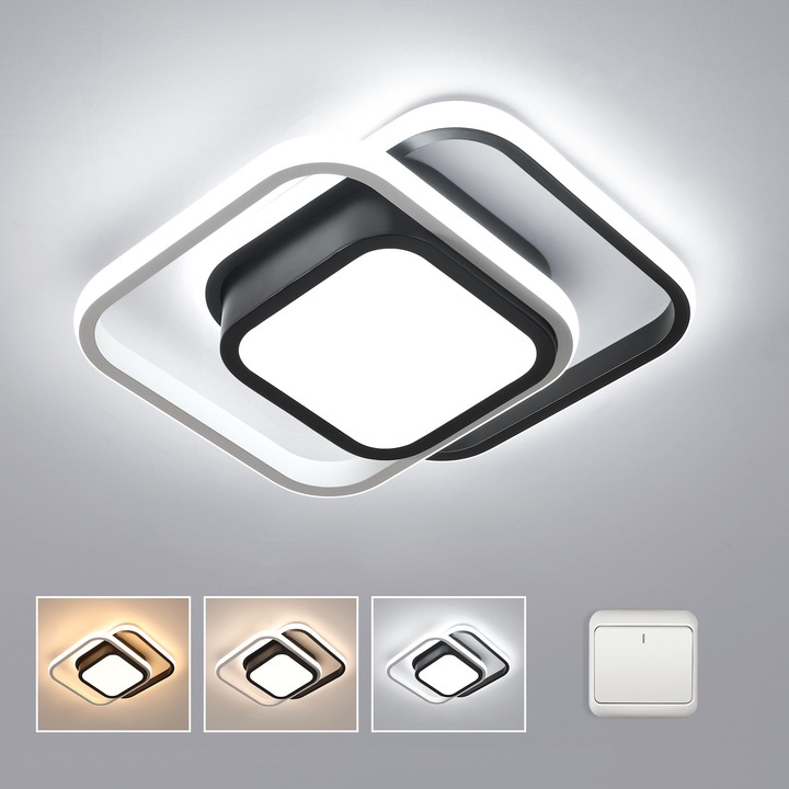 LED плафон, Goeco, квадратен, черно + бял, 32W, трицветна светлина, 3000/4500/6500K, подходящ за спалня, хол, трапезария и коридор