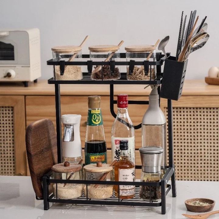 Organizator condimente, negru, metal, 2 niveluri, 36x20x40.5 cm