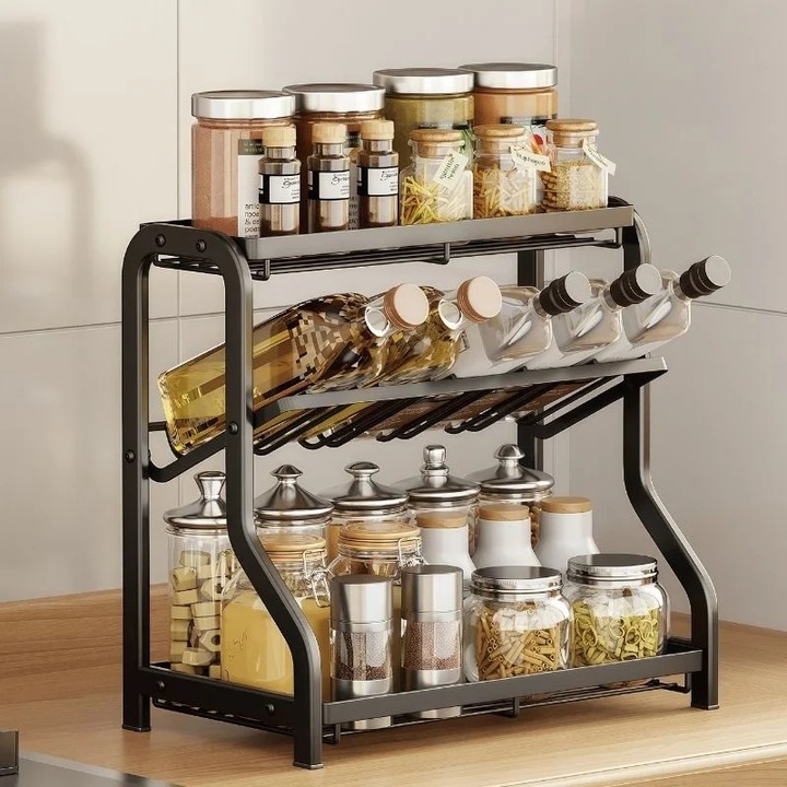 Organizator bucatarie, Metalocked, compact, negru, 36.5x20x35.5 cm, 3 niveluri