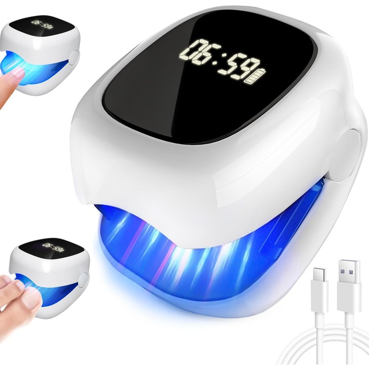 Dispozitiv terapeutic pentru unghii, Topdii®, Laser pentru ciuperca unghiei, 950 nm infrarosu, 500 nm lumina albastra, Cu Display LED, Alb