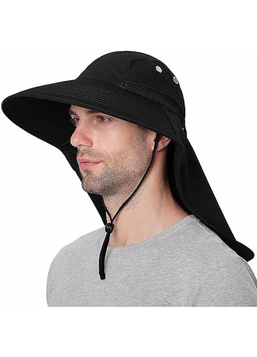 Palarie de drumetie cu protectie solara, UPF50+, cu boruri late, Protectie solara gatului, pentru barbati si femei, 54-60 cm, Negru