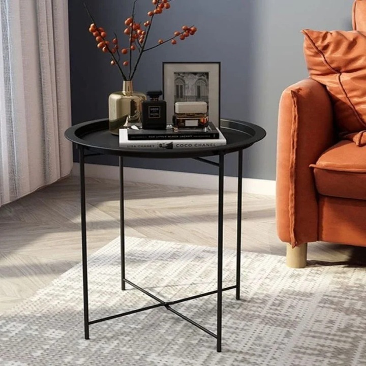 Сгъваема маса, BlackHome, кръгла, черна, MDF плот, метална рамка, без монтаж