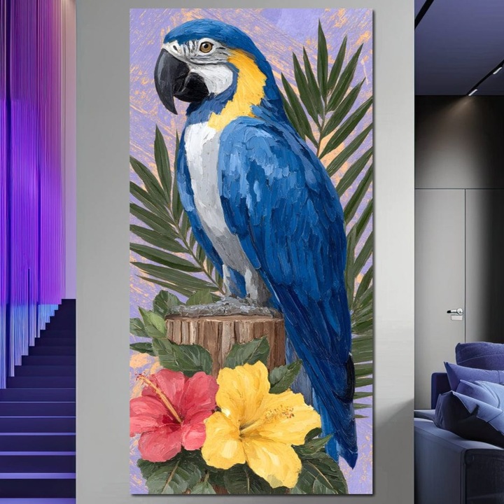 Tablou Canvas Premium, LuxCanva® M1115, Evadare in Tropice, 50 X 100 CM, Panza Bumbac 100% 400g/m2, Sasiu Lemn, Pastel, Papagal, Exotic, Jungla, Frunzis, Vegetatie, Flori, Cald, Pictura, Acuarela, Birou, Living, Camera Copil