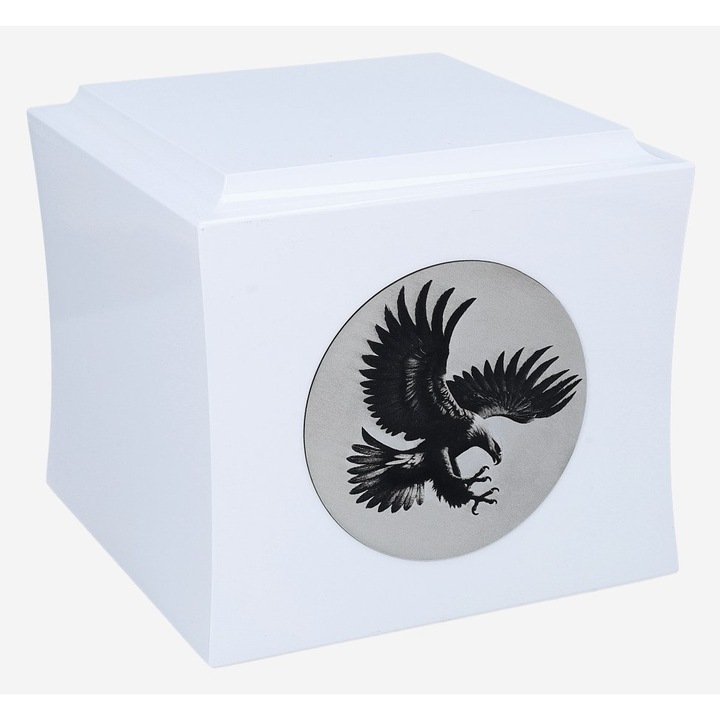 Urna de incinerare cu motiv de vultur Remember Forever, alb