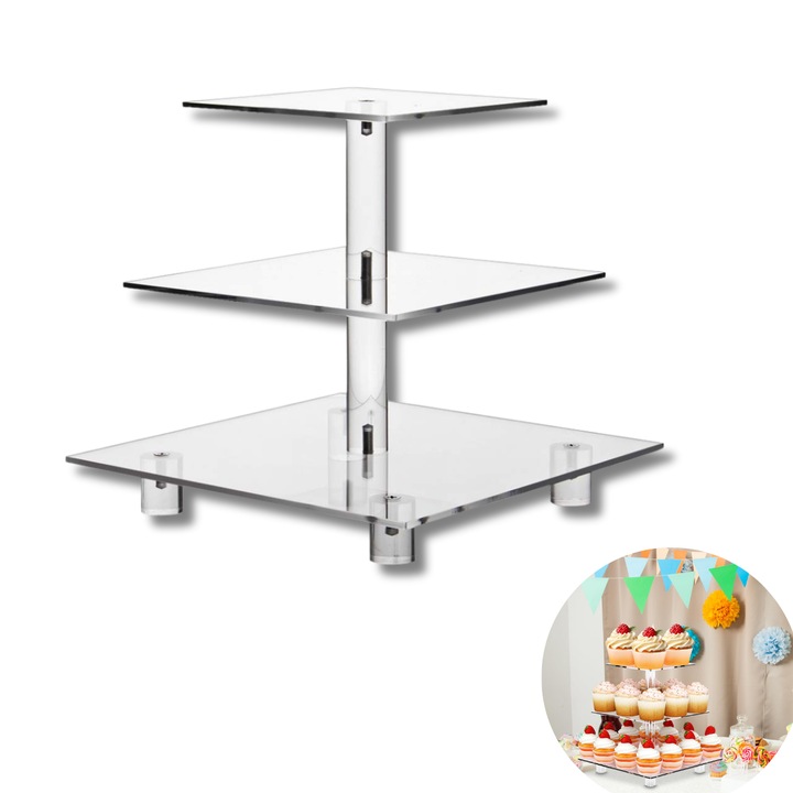 Suport pentru prajituri elegant cu LED-uri galbene, turn candy bar, dimennsiuni patrate 140/180/220mm, suport de desert, briose, torturi, fructe, 3 etaje, ajustabil, pentru petreceri, nunta, botez, obiect decorativ, acril, transparent