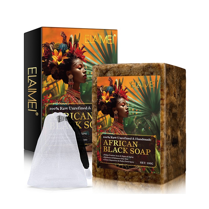 Африкански черен сапун Elaimei, 100% натурален за акне и мазна кожа - идеална козметика за тяло и лице. Combat The Baskets, ръчно изработен продукт без жестокост, 100 г, твърд унисекс