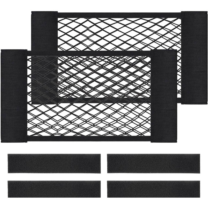 Set 2 Plasa elastica, organizator portbagaj tip buzunar, 40x25cm, Vine cu velcro si 4 benzi autoadezive, pentru auto si uz casnic, Negru