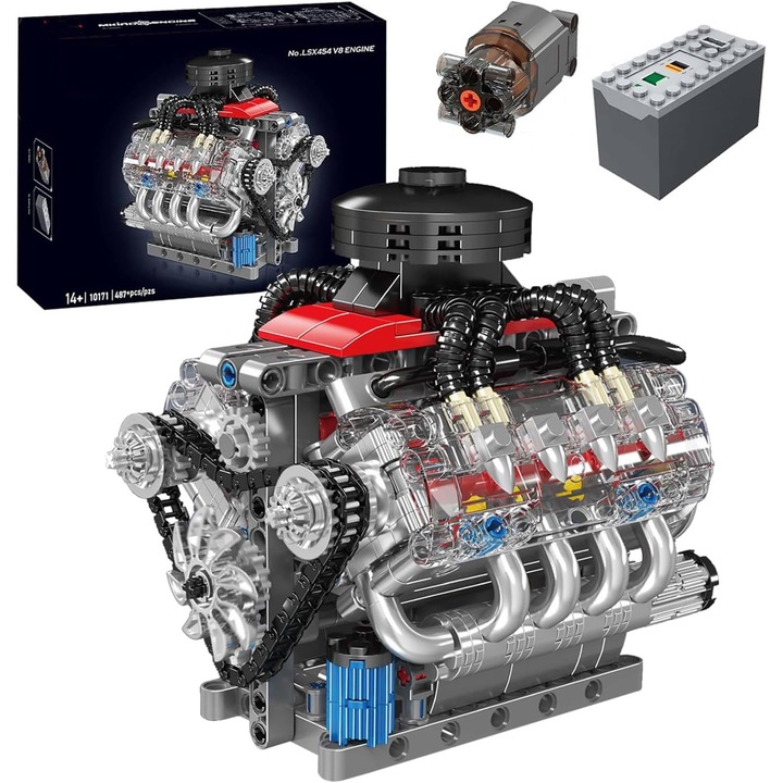 V8-as motor építőkocka készlet, Ydene, 487 darabos, 10171 technológiai modell, építőkocka tápegységgel, játékként/ajándékként/gyűjtői darabként